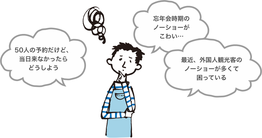 50人の予約だけど当日来なかったらどうしよう。忘年会時期のノーショーが怖い。最近、外国人観光客のノーショーが多くて困っている。